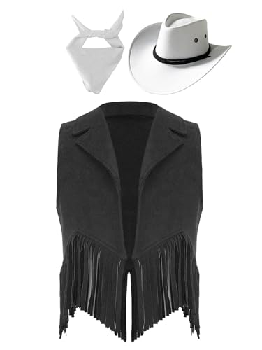 Eandarui Kinder Cowboy Kostüm Jungen Mädchen Western Outfit Wildleder Weste Ärmellos Fransenjacke Mit Hut Halstuch Für Fasching Karneval Schwarz-Weiss 122-128 Eandarui Kinder Cowboy Kostüm Jungen Mädchen Western Outfit Wildleder Weste Ärmellos Fransenjacke Mit Hut Halstuch Für Fasching Karneval Schwarz-Weiss 122-128 von Eandarui