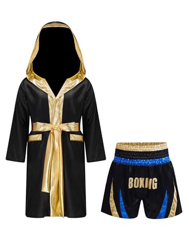 Eandarui Kinder Junge Boxer Kostüm Langarm Satin Kapuzenumhang Mit Gürtel Muay Thai Shorts Kickboxing Set Für 5-16 Jahre Blau und Gold A 158-164 von Eandarui