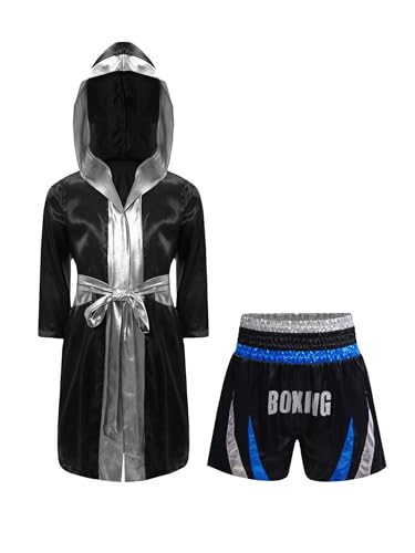 Eandarui Kinder Junge Boxer Kostüm Langarm Satin Kapuzenumhang Mit Gürtel Muay Thai Shorts Kickboxing Set Für 5-16 Jahre Blau und Silber A 146-152 von Eandarui