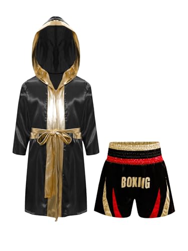 Eandarui Kinder Junge Boxer Kostüm Langarm Satin Kapuzenumhang Mit Gürtel Muay Thai Shorts Kickboxing Set Für 5-16 Jahre Rotes Gold A 170 von Eandarui