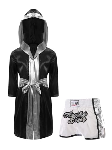 Eandarui Kinder Junge Boxer Kostüm Langarm Satin Kapuzenumhang Mit Gürtel Muay Thai Shorts Kickboxing Set Für 5-16 Jahre Schwarz & Weiß & Silber 122-128 von Eandarui