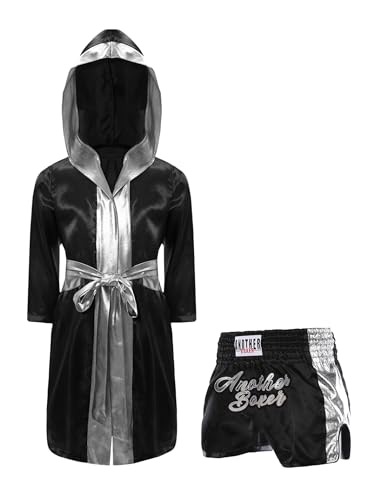 Eandarui Kinder Junge Boxer Kostüm Langarm Satin Kapuzenumhang Mit Gürtel Muay Thai Shorts Kickboxing Set Für 5-16 Jahre Schwarzes Silber 122-128 von Eandarui