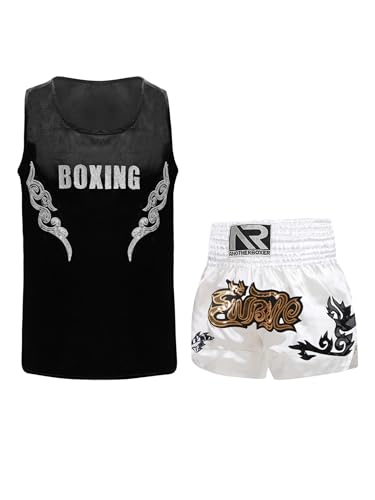 Eandarui Kinder Junge MMA Anzug Satin Kickboxer Oberteil Ärmellos Tank Top Mit Muay Thai Shorts Trainingshose BJJ Kampsport Trainingsanzug Schwarzes Silber A 158-164 Eandarui Kinder Junge MMA Anzug Satin Kickboxer Oberteil Ärmellos Tank Top Mit Muay Thai Shorts Trainingshose BJJ Kampsport Trainingsanzug Schwarzes Silber A 158-164 von Eandarui