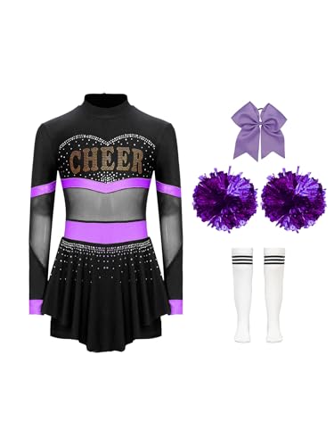 Eandarui Kinder Mädchen Cheer Leader Kostüm Langarm Schumädchen Kleid Strass Glitzer Cheerleading Uniform Mit Pompons Haarband Strümpfe Tanzkostüm Lila C 158-164 von Eandarui