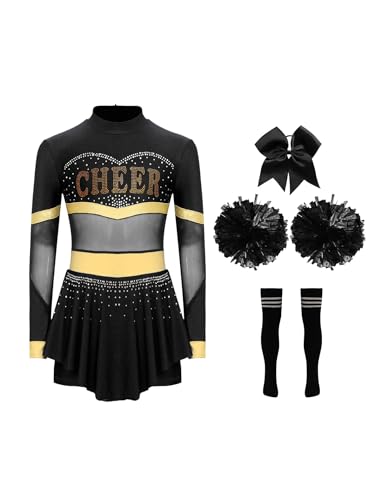 Eandarui Kinder Mädchen Cheer Leader Kostüm Langarm Schumädchen Kleid Strass Glitzer Cheerleading Uniform Mit Pompons Haarband Strümpfe Tanzkostüm Schwarz A 158-164 von Eandarui