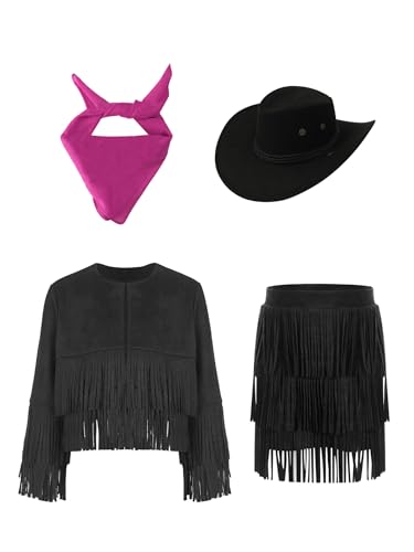 Eandarui Kinder Mädchen Cowgirl Kostüm Langarm Westernjacke Mit Fransen Qusten Rock Cowboyhut Bandana Kopftuch 60er 70er Jahre Hippie Outfit Schwarz 158-164 von Eandarui