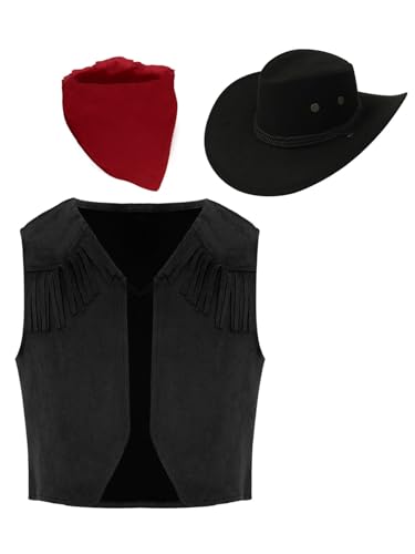 Eandarui Kinder Western Weste Cowboy Kostüm Junge Ärmellos Fransen Quaste Wildleder Jacke Mit Cowboy Hut Kopftuch Für Fasching Karneval Schwarz 146-152 Eandarui Kinder Western Weste Cowboy Kostüm Junge Ärmellos Fransen Quaste Wildleder Jacke Mit Cowboy Hut Kopftuch Für Fasching Karneval Schwarz 146-152 von Eandarui