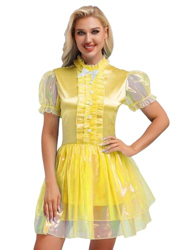 Eandarui Organza Kleid Damen Metallic Glitzer Partykleid Transparent Rüschen Minikleid A Linien Tanzkleid Dienstmädchen Cosplay Kostüm Gr. S-3XL Gelb L von Eandarui