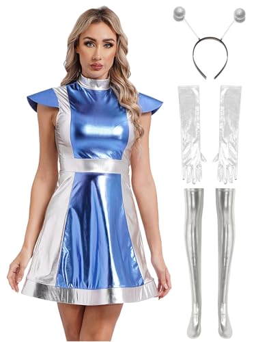 Eandarui Space Girl Kostüm Damen Metallic Glitzer Alien Kleid Stehkragen Partykleid Mit Alien Stirnband Handschuhe Strümpfe Raumfahrt Anzug Fasching Blau XXL Eandarui Space Girl Kostüm Damen Metallic Glitzer Alien Kleid Stehkragen Partykleid Mit Alien Stirnband Handschuhe Strümpfe Raumfahrt Anzug Fasching Blau XXL von Eandarui