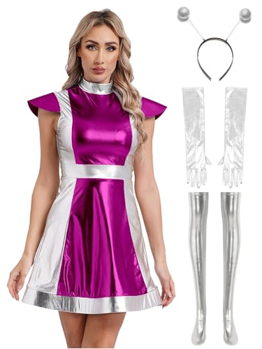 Eandarui Space Girl Kostüm Damen Metallic Glitzer Alien Kleid Stehkragen Partykleid Mit Alien Stirnband Handschuhe Strümpfe Raumfahrt Anzug Fasching Hot Pink XXL Eandarui Space Girl Kostüm Damen Metallic Glitzer Alien Kleid Stehkragen Partykleid Mit Alien Stirnband Handschuhe Strümpfe Raumfahrt Anzug Fasching Hot Pink XXL von Eandarui
