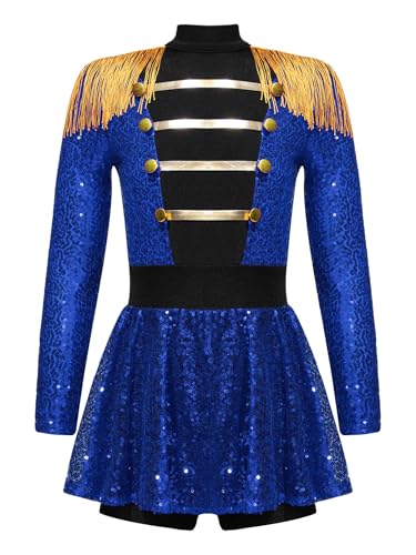 Eandarui Zirkus Direktor Kostüm Kinder Mädchen Ringmaster Uniform Pailletten Overall Langarm Quasten Jumpsuit Kurz Tanzanzug Für Fasching Karneval Blau 122-128 von Eandarui