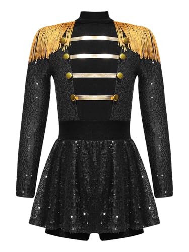Eandarui Zirkus Direktor Kostüm Kinder Mädchen Ringmaster Uniform Pailletten Overall Langarm Quasten Jumpsuit Kurz Tanzanzug Für Fasching Karneval Schwarz 146-152 von Eandarui