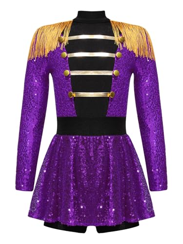 Eandarui Zirkus Direktor Kostüm Kinder Mädchen Ringmaster Uniform Pailletten Overall Langarm Quasten Jumpsuit Kurz Tanzanzug Für Fasching Karneval Violett 134-140 von Eandarui
