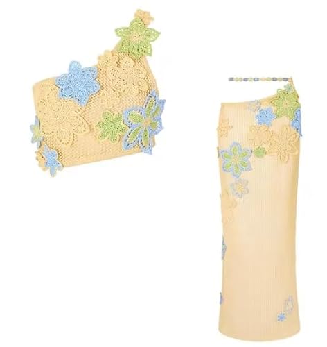 Earthradius Häkelstrick-Korsett, Oberrock-Set, Damen, bunte Blumen, ausgehöhlt, rückenfrei, bauchfrei, Weste, Top, Midi-Röcke, Dame (B, XL) von Earthradius