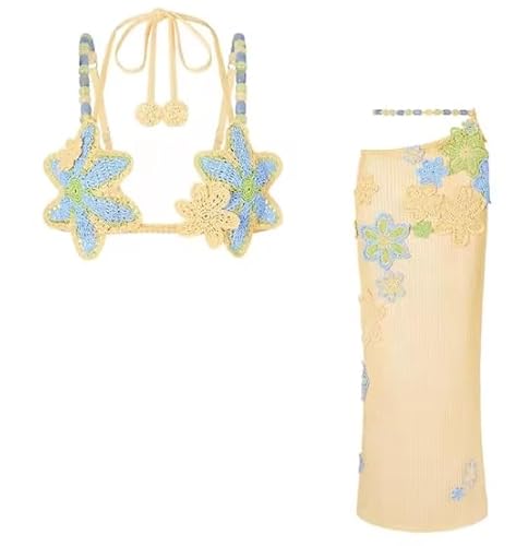 Earthradius Häkelstrick-Korsett, Oberrock-Set, Damen, bunte Blumen, ausgehöhlt, rückenfrei, bauchfrei, Weste, Top, Midi-Röcke, Dame (Größe A, M) von Earthradius