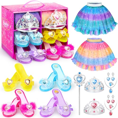 Prinzessinnen-Schuh-Set für Mädchen, 4–6 Jahre, Rollenspiel, Mädchen, Kostüm, Kleinkind, Prinzessin, Schmuck, Boutique-Set, Geschenk, 3–6 Jahre, inklusive Röcken, 4 Paar von Easface