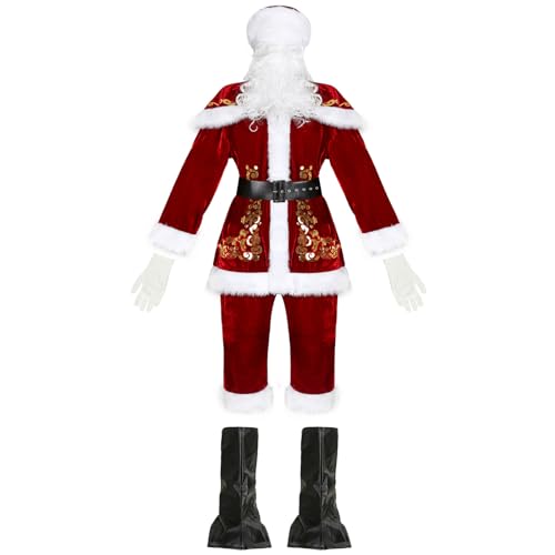 Eastuy Herren-Deluxe-Weihnachtsmann-Anzug,Weihnachtsanzug-Kostü, 9-teiliges Weihnachtsmann-Outfit - Pyjama für Erwachsene, Halloween, Cosplay, Unisex, Einteiler, Weihnachtsmann-Outfit, Geschenk von Eastuy
