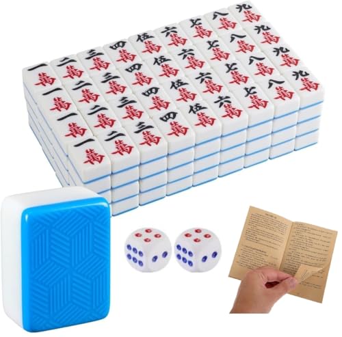 EatingBiting Großes chinesisches Mahjong-Set, 4,1 cm, Brettspiel, klassisch mit 146 + blauen Steinen, Windanzeige und Würfeln, groß + Mahjong-Fliesen, Melamin, englische Anleitung und Tragetasche von EatingBiting