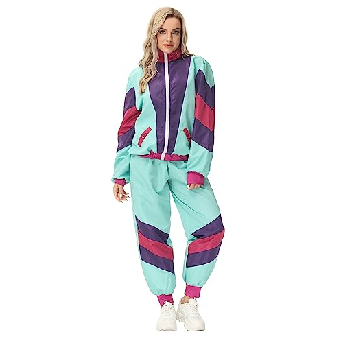 Eauptffy Kostüm 80er Jahre Trainingsanzug, Faschingskostüme Damen, Retro Style Jacke und Hose Proll Anzug Assi Anzug Bad Taste Outfit leuchtet Hippie Disco Party Karneval Kostüm von Eauptffy