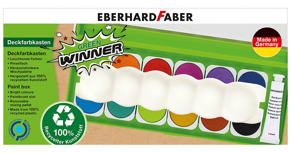 Deckfarbkasten GREEN Winner aus 100% recyceltem Material, 12 Farben, inkl. Deckweiß & Mischpalette grün Deckfarbkasten GREEN Winner aus 100% recyceltem Material, 12 Farben, inkl. Deckweiß & Mischpalette grün von Eberhard Faber