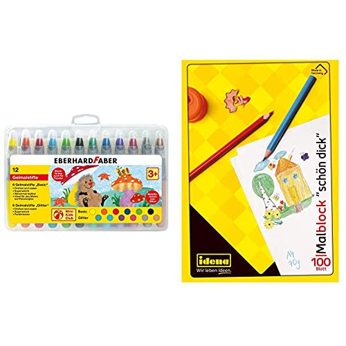Eberhard Faber 529112 - Gelmalstifte Basic und Metallic in 12 leuchtenden Farben, mit weicher Mine und Schiebehülse, im Kunststoffetui, + Idena Malblock , A4, 100 Blatt, 70g/m², Schön Dick von Eberhard Faber