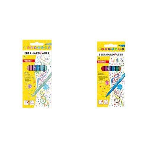 Eberhard Faber 551009 - Glitzer Filzstifte in 8 intensiven Pastell-Farben, Minenstärke 3 mm, auswaschbar im Kartonetui, zum Verzieren, Zeichnen & 551008 - Glitzer Filzstifte in 8 leuchtenden Farben von Eberhard Faber