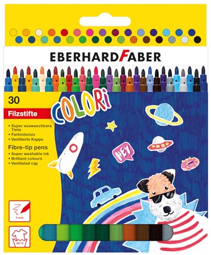 Eberhard Faber 551130 - Colori Filzstifte in 30 intensiven Farben, Minenstärke 1 mm, auswaschbar, im Kartonetui, zum Zeichnen, Malen, Kolorieren, Basteln und Schreiben von Eberhard Faber