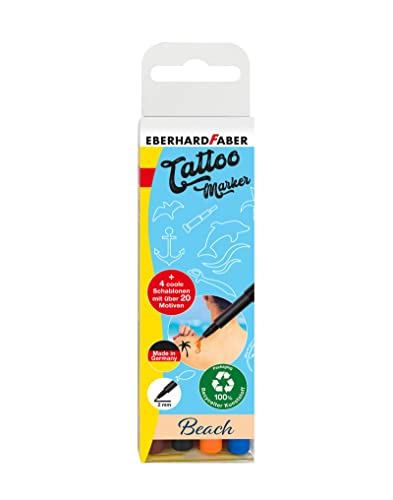 Eberhard Faber 559502 - Tattoostifte Set Beach mit 4 Markern in unterschiedlichen Farben mit 4 Schablonen, im Etui, abwaschbar, zur kreativen Gestaltung der Haut von Eberhard Faber