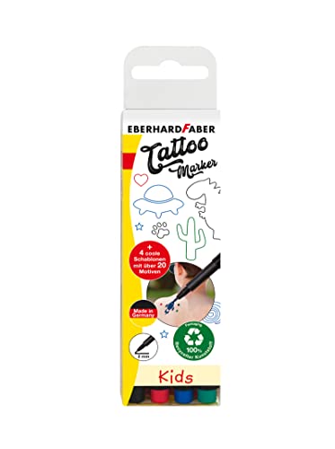 Eberhard Faber 559504 - Tattoostifte Set Kids mit 4 Markern, Stifte in unterschiedlichen Farben mit 4 Schablonen, im Etui, abwaschbar, zur kreativen Gestaltung der Haut von Eberhard Faber