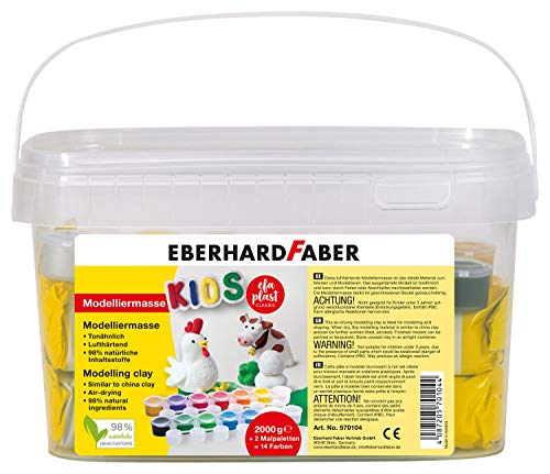 Eberhard Faber 570104 - EFAPlast Kids Modelliermasse in weiß im praktischen Eimer, Inhalt 2 kg, 14 Farben und 2 Malpaletten, lufthärtend, tonähnlich, für kreativen Mal- und Bastelspaß von Eberhard Faber