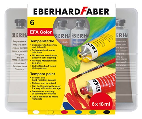 Eberhard Faber 575505 - EFA Color Tempera Schulmalfarben in lichtechten Farben, Kunststoffbox mit 6 Tuben zu je 18 ml, verdünn- und vermischbar, geeignet für viele Maltechniken von Eberhard Faber