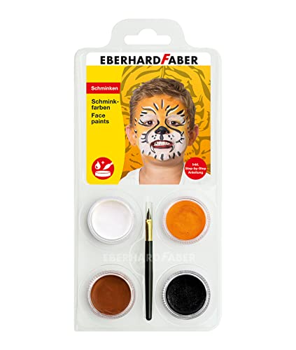 Eberhard Faber 579025 - Schminkfarben-Set Tiger mit 4 Farben, Pinsel und Anleitung, wasserlöslich, schnell trocknend, Schmink-Set für Kinder zum Bemalen von Gesichtern von Eberhard Faber