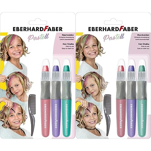 Eberhard Faber 579202 - Haarkreide Pastell, Set mit 3 Farben und Haarkamm, einfache Anwendung, leicht abwaschbar, für trendige Frisuren und neue Haarfarben (Packung mit 2) von Eberhard Faber