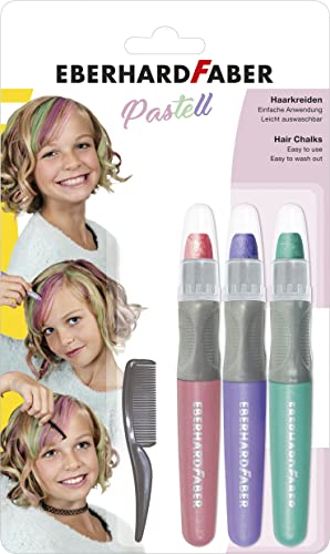 Eberhard Faber 579202 - Haarkreide Pastell, Set mit 3 Farben und Haarkamm, einfache Anwendung, leicht abwaschbar, für trendige Frisuren und neue Haarfarben von Eberhard Faber