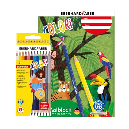 Eberhard Faber 599044 - Malset Colori mit 12 Buntstifte und Zeichenblock DIN A4, 100 Blatt 70 g/m² Papier von Eberhard Faber