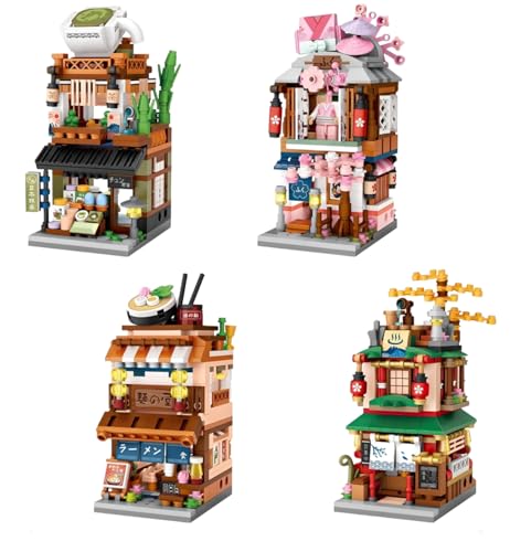 Ebortsin 4 in 1 Japanische Straßenansicht Haus Bausteine, 1608 Teile Modular Mini Street View Modell Klemmbausteine, Geschenk für Erwachsene und Kinder von Ebortsin
