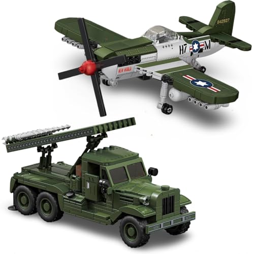 Ebortsin Technik WW2 Militär Bausteine Set, P-51 Fighter & BM-13 Raketenwerfer Modell, Kreative Militär Klemmbausteine, Geschenke für Militärische Enthusiasten und Jungen, 1044 Teile von Ebortsin
