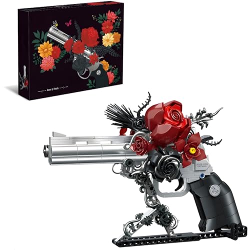 Gotische Rose Blumenstrauß Bausteine Set Spielzeugpistole, Gotischer Revolver Klemmbausteine mit Rose & Ständer, Gun Dekro Erwachsene und Kinder, 631 Teile von Ebortsin