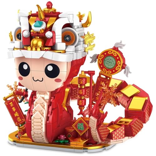 Löwentanz Tier Bausteine Set, 845 Teile Schlangen Bausteine für Erwachsene, Chinesische Tier Klemmbausteine Modell Spielzeug Heimbüro Dekor, Geschenk für Erwachsene und Kinder von Ebortsin