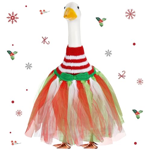Eccliy Weihnachtsgans-Outfit-Set, rot-weiß-grün, Häkelkleider mit Gaze, handgefertigt, für 23 cm hohe Zement-Kunststoff-Statue, Weihnachtsfeier, Outdoor, Terrasse, Hof, Rasen, Kunstdekoration von Eccliy