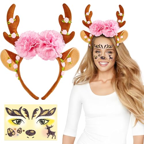 Echehi Reh Haarreif Damen Mädchen, Rentier Haarreif Mit Blumen, Reh Geweih Haarreif Mit Reh Gesichtstattoo, Reh Kopfschmuck Haarreif Für Karneval, Fasching, Halloween Party Echehi Reh Haarreif Damen Mädchen, Rentier Haarreif Mit Blumen, Reh Geweih Haarreif Mit Reh Gesichtstattoo, Reh Kopfschmuck Haarreif Für Karneval, Fasching, Halloween Party von Echehi