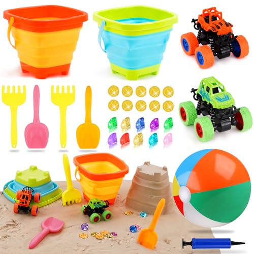 Echehi Sandspielzeug Set Für Junge Mädchen 30Stück, Sandkasten Spielzeug Strandspielzeug Mit Falteimer, 16-Zoll-Wasserball, Monster Truck, Edelsteine, Sommerspielzeug für drinnen und draußen Echehi Sandspielzeug Set Für Junge Mädchen 30Stück, Sandkasten Spielzeug Strandspielzeug Mit Falteimer, 16-Zoll-Wasserball, Monster Truck, Edelsteine, Sommerspielzeug für drinnen und draußen von Echehi
