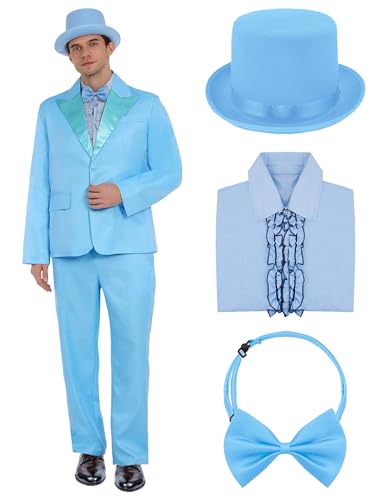 EchoElce Halloween-Kostüme, blauer Anzug, oranger Smoking, Mantel, Hut, Fliege, 90er-Jahre, Halloween-Cosplay-Outfit (Blau, XL) von EchoElce