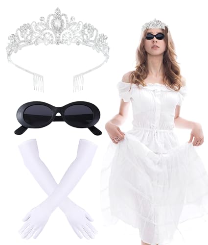 EchoElce Prinzessin Kostüm Zubehör Damen Kristall Krone Stirnband Sonnenbrille Handschuhe für Halloween Cosplay Weiß, Weiss/opulenter Garten, Standard von EchoElce