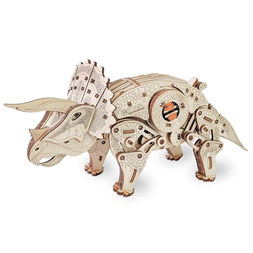 EWA Eco-Wood-Art EWA EcoWoodArt 3D Holzpuzzle für Jugendliche und Erwachsene-Mechanisches Dinosaurier-Triceratops-Modell-DIY-Bausatz, Selbstmontage, kein Kleber erforderlich, Natur von EWA Eco-Wood-Art