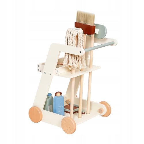 AMPQ Besen Putzset für Kinder - Putzwagen für Kinder und Kinderbesen Draußen - Montessori Möbel Holz Spielzeug ab 2 Jahren (10-Teilig) von EcoTraps