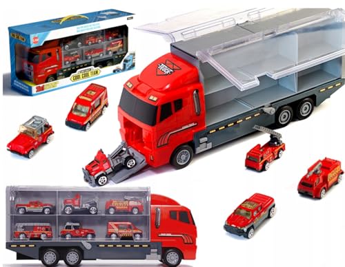 AMPQ Matchbox Auto LKW Spielzeug Set mit 6 Thematische Autos - Spielzeugautos ab 3 Jahre - Abschlepper Spielzeug für Jungen ab 3 4 5 Jahren - Auto mit Anhänger (Feuerwehr) von EcoTraps