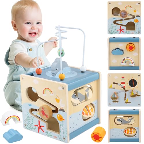 Ecofocet Motorikwürfel ab 1 Jahr aus Holz – 6 in 1 Motorikspielzeug Baby Montessori Aktivitätswürfel, Lernspielzeug für Kinder, Motorikschleife & Steckspiel, Holzspielzeug Geschenk Mädchen Jungen von Ecofocet