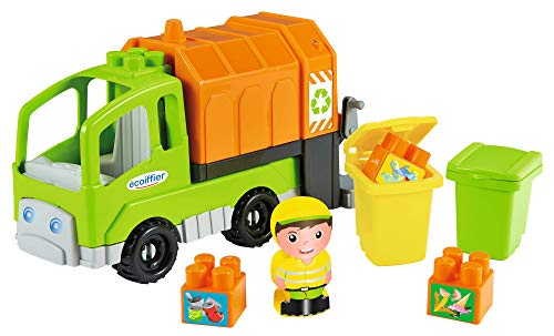 Ecoiffier – Abrick Müllauto – Müllwagen Spielzeug, mit Mülltonnen, stapelbare Bausteine, Müllabfuhr für Kinder und Kleinkinder ab 18 Monaten von Ecoiffier