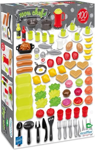 Ecoiffier 7600002669 Essens-Set mit Spielzeugfutter und Geschirr, 100 Stück, geeignet ab 18 Monaten von Ecoiffier